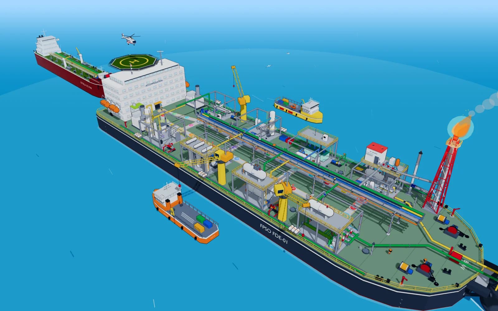 Offshore FPSO: turret and risers to cargo offloading, a full production train on the deck of a ship