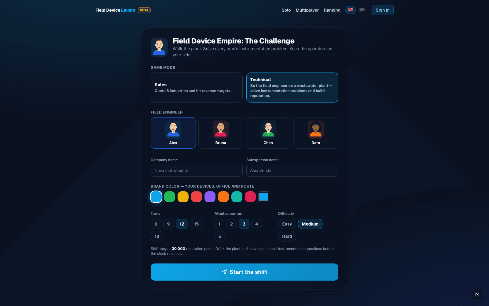 Your company, your color, your difficulty: pick your mode, then any of the 4 plants